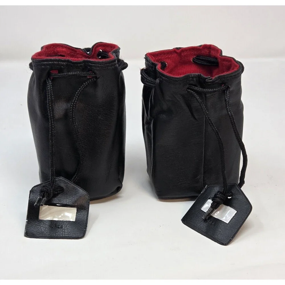 Vintage Black Leather Drawstring Camera Lens Pouches Red Lined Pair Made Korea